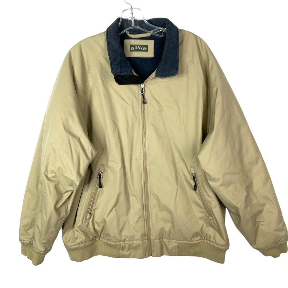 Orvis Men's Large Fleece Lined Bomber Jacket/Coat Full Zipper Beige